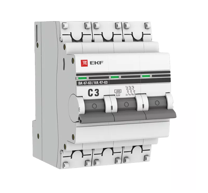 Выключатель автоматический трехполюсный 3А С ВА47-63 4.5кА PROxima (mcb4763-3-03C-pro)