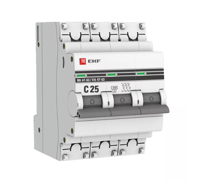 Выключатель автоматический трехполюсный 25А С ВА47-63 4.5кА PROxima