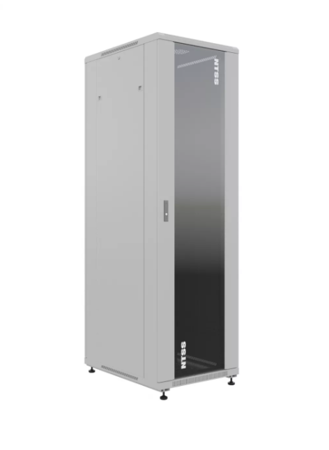 19" Напольный серверный шкаф NTSS ПРЕМИУМ 32U 600x800 мм, передняя дверь стекло, задняя глухая металл, боковые стенки, регулируемые опоры, RAL 7035