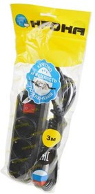 КРОНА РС-3/зазем+выкл.(У16-001) 3м (ПВС 3Х0.75) черный BL1, Сетевой удлинитель