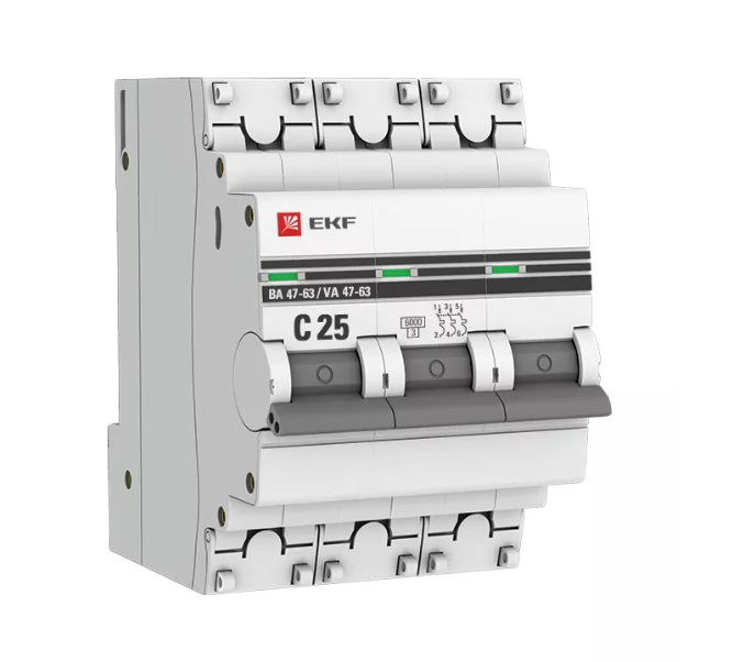 Выключатель автоматический трехполюсный 25А C ВА 47-63 6кА PROxima (mcb4763-6-3-25C-pro)