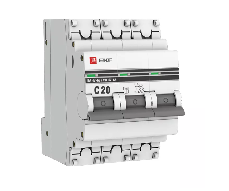 Выключатель автоматический трехполюсный 20А С ВА47-63 4.5кА PROxima (mcb4763-3-20C-pro)