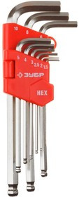 27461-2_z02, Набор ЗУБР Ключи "МАСТЕР" имбусовые длинные с шариком, Cr-V, сатинир. покрытие, пластик. держатель,