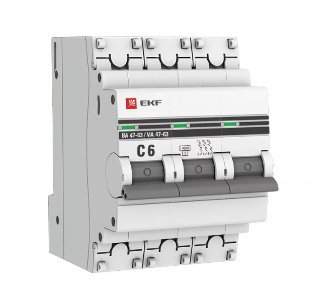 Выключатель автоматический трехполюсный 6А С ВА47-63 4.5кА PROxima (mcb4763-3-06C-pro)