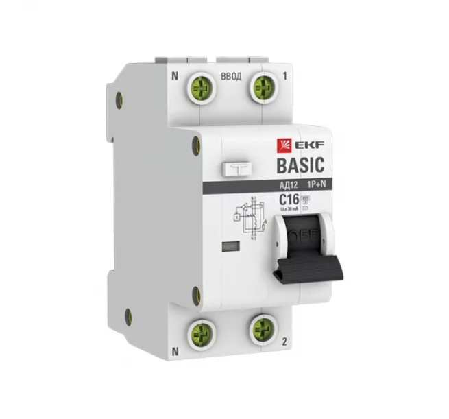 Выключатель автоматический дифференциального тока 2п (1P+N) C 16А 30мА тип AC 4.5кА АД-12 Basic EKF