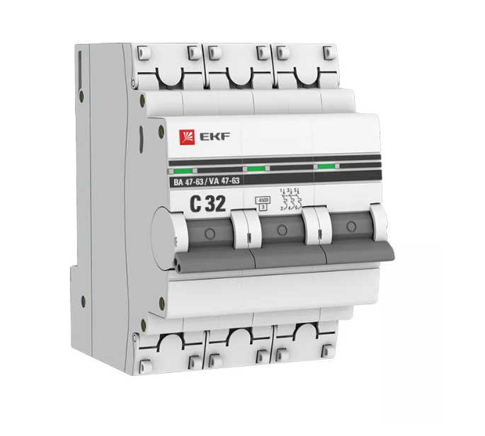 Выключатель автоматический трехполюсный 32А С ВА47-63 4.5кА PROxima