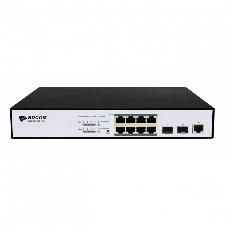 Управляемый PoE коммутатор уровня 2 BDCOM S2510-P, 8x 10/100/1000Base-T, 2x 100/1000BASE-X (SFP), PoE 802.3af/at до 130W, 220VAC