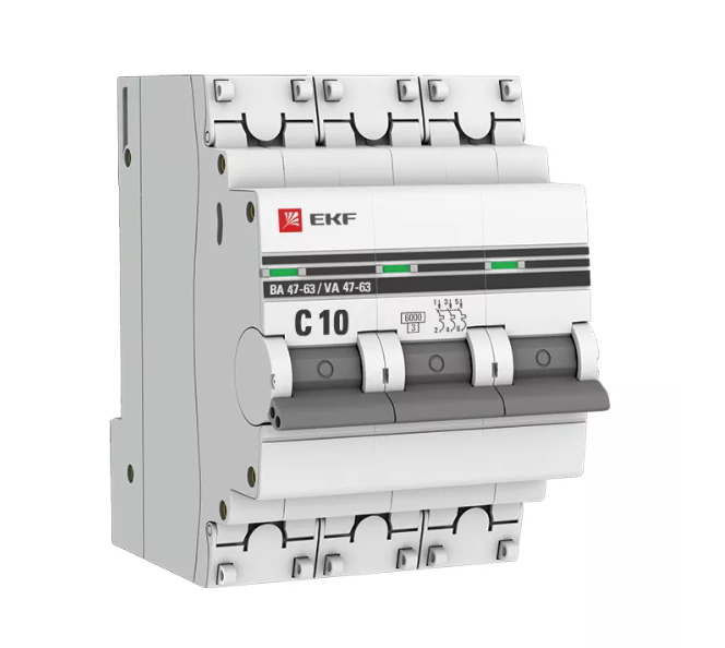 Выключатель автоматический трехполюсный 10А C ВА 47-63 6кА PROxima (mcb4763-6-3-10C-pro)